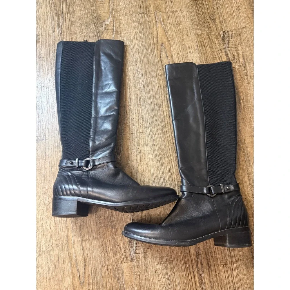 Aquatalia Black Leather Tall Weather Resistant Riding Boots Buckle Detail